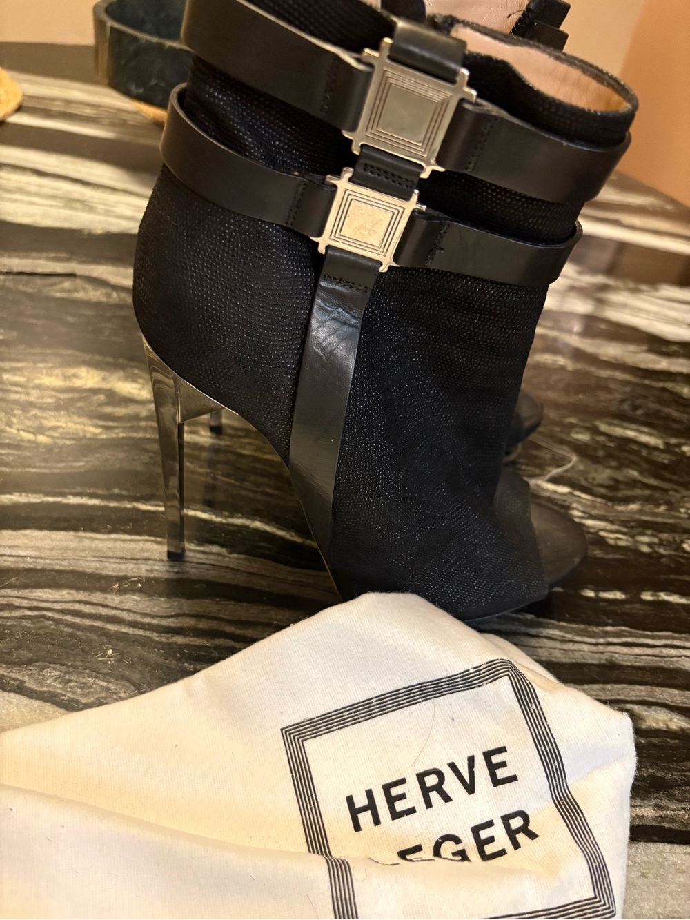 Black Mesh & Leather Stiletto Booties vintage Herve Leger